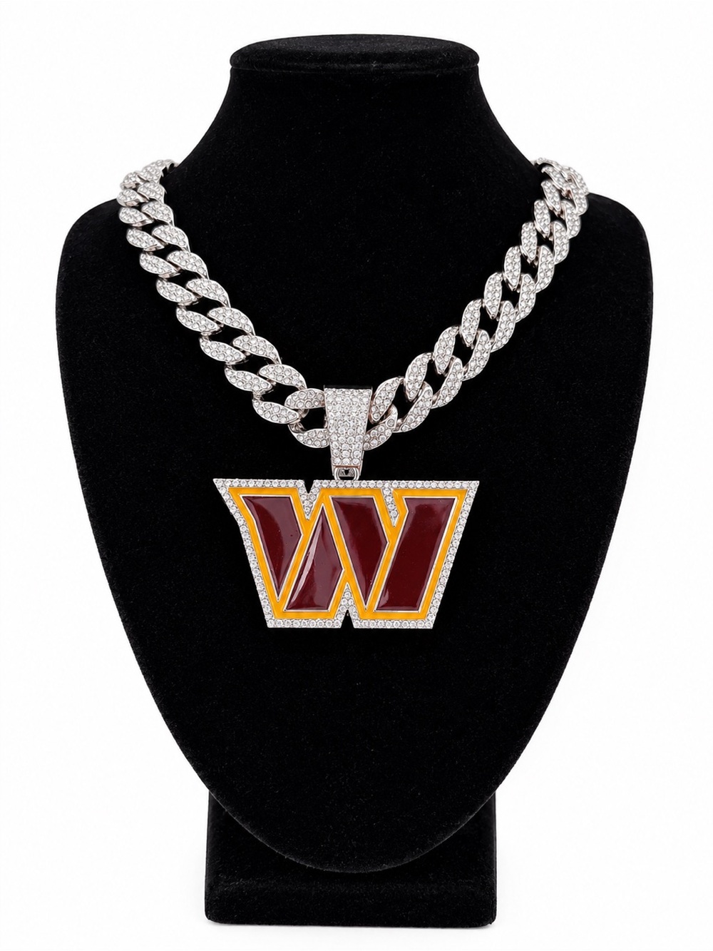 NFL Washington Commanders W Iced Out Pendant Cuban Link Chain Necklace